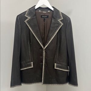 Escada Chocolate Lamb Leather Blazer with Tweed Trim